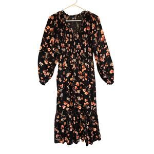 Old Navy Fit & Flare Black Floral Maxi Dress Long Sleeve Pockets Cottagecore S